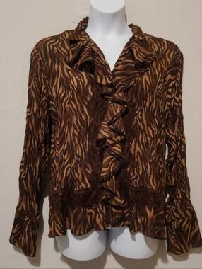 Alison Taylor 2X Brown Animal Print Ruffle Blouse Sheer Long Sleeve Elegant Top